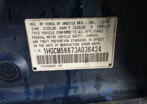 2003 Honda Accord 2.4 Ex from USA, damaged, VIN 1HGCM56673A036424